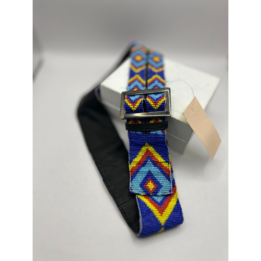 Raj Handmade Beaded Belt, Size 26”-32, Blue red yellow